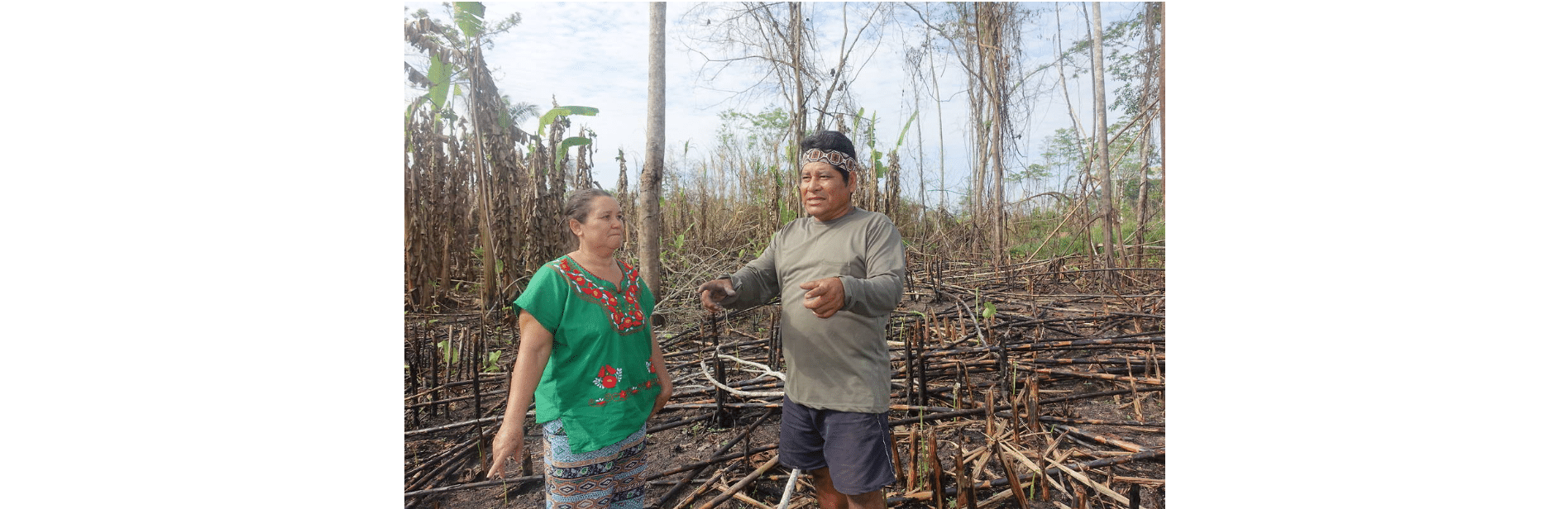 Portrait de Rose Padilha, responsable CIMI Amazonie Occidentale, à gauche, avec Seu Francisco Cacique Jaminawa regardant sa bananeraie entièrement calcinée.
